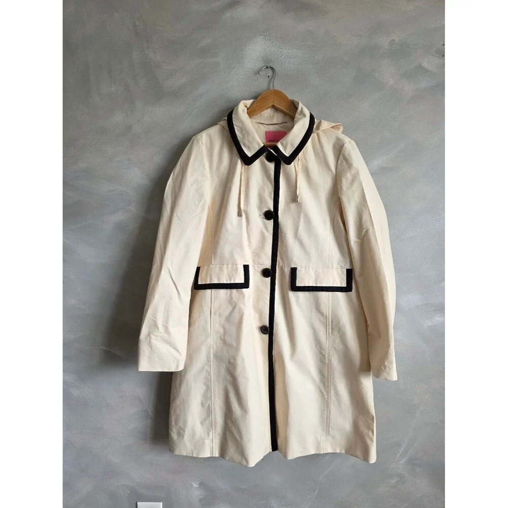 Kate Spade Single Breasted Pale Yellow & Navy Blue Hooded Trench Coat Sz L